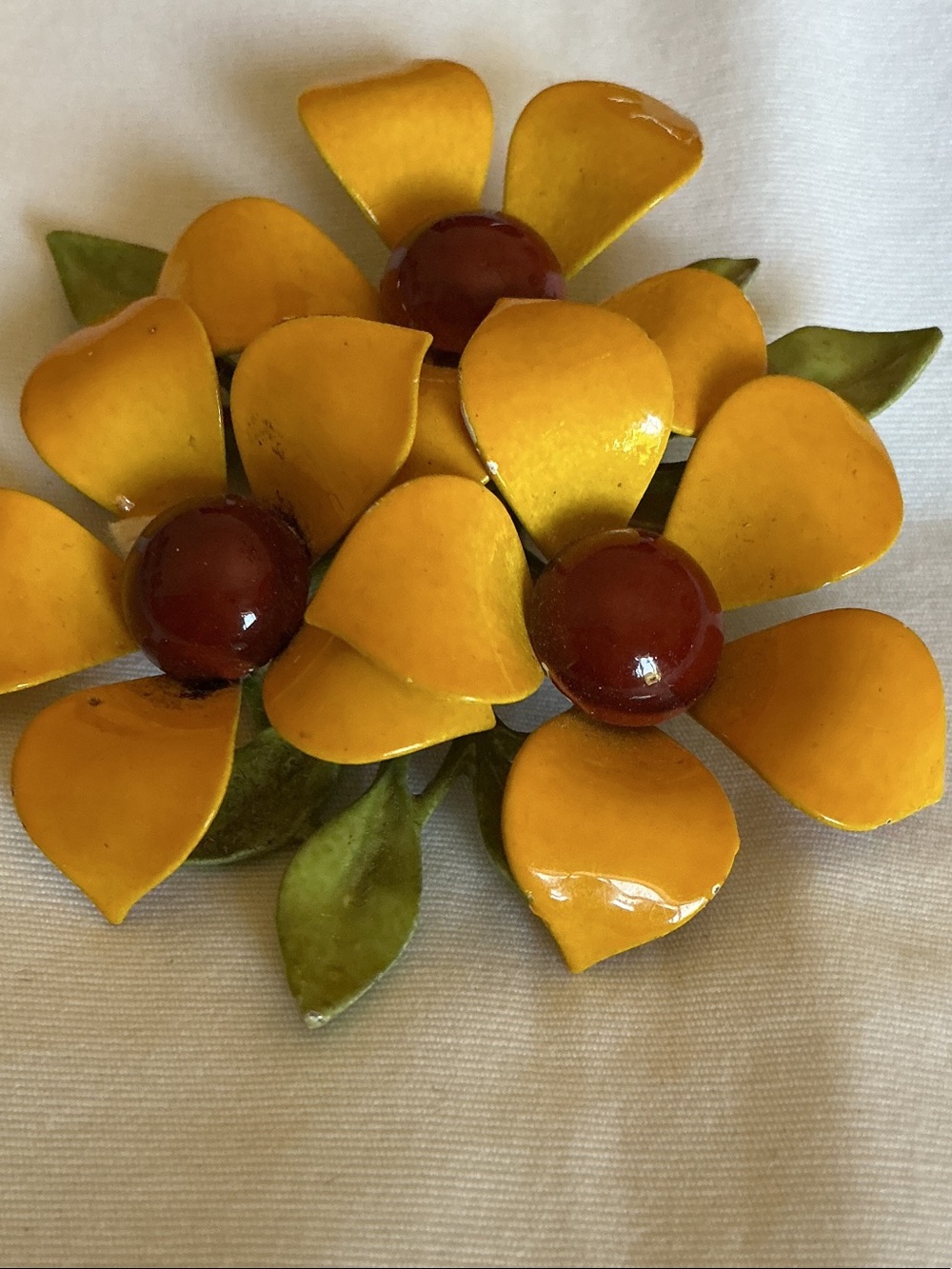 Yellow Enamel Flower Brooch with Green Leaves - Picture 3 of 3